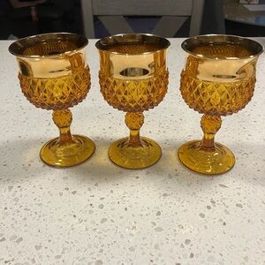 Indiana Glass Diamond Point Gold Rim Amber Glass Goblets. Set of 3. Vintage